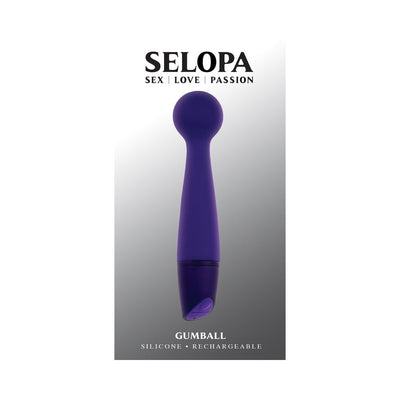 Purple silicone rechargeable slim wand with rounded head by Selopa on a gradient background.