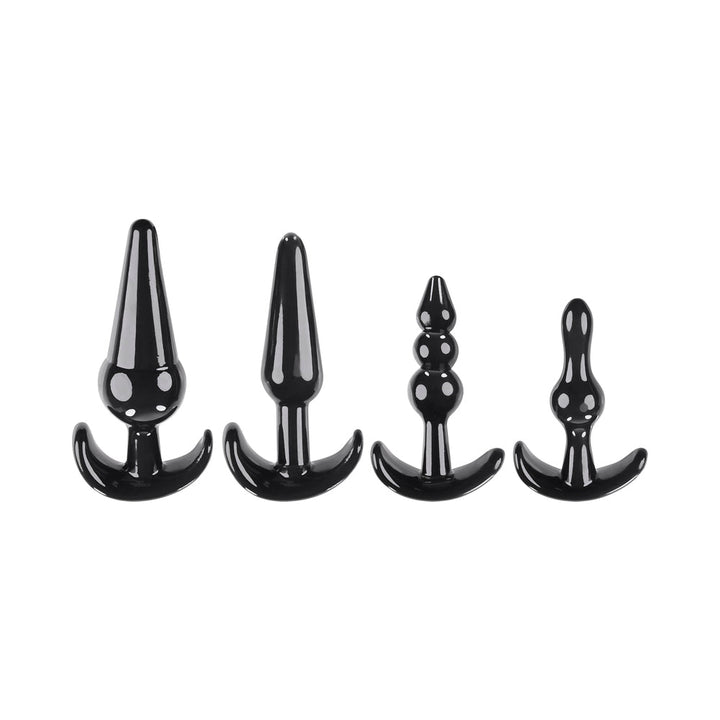 Set of four black anal plugs in varying shapes and sizes with wide bases for safe use, displayed on a white background.