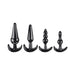 Set of four black anal plugs in varying shapes and sizes with wide bases for safe use, displayed on a white background.
