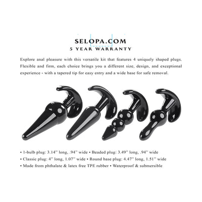 Set of four black tapered anal plugs in varying shapes and sizes with wide bases, made from flexible, waterproof TPE rubber.