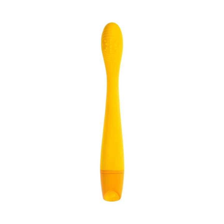Slim yellow silicone G-spot vibrator with textured curved head and rechargeable base.