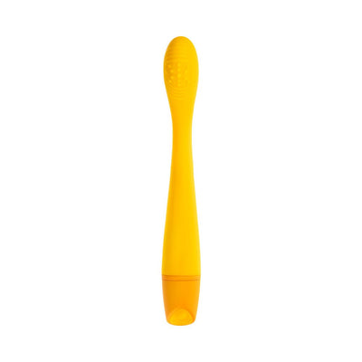 Slim yellow silicone G-spot vibrator with textured curved head and rechargeable base.
