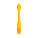 Slim yellow silicone G-spot vibrator with textured curved head and rechargeable base.