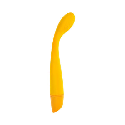 Slim yellow silicone G-spot vibrator with a curved, textured head and rechargeable base.