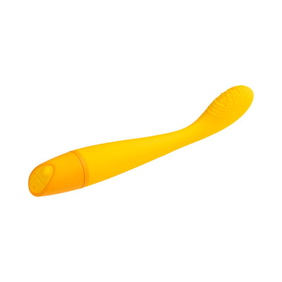 Slim yellow silicone G-spot vibrator with textured curved tip and ergonomic control base.