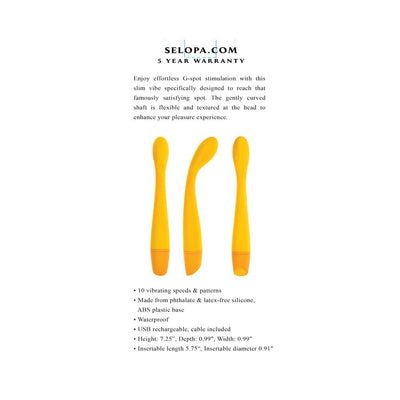 Three views of the slim yellow Selopa Lemon Squeeze rechargeable silicone G-spot vibrator with textured head and curved shaft.
