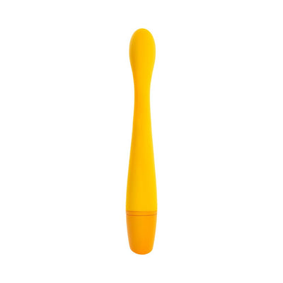 Slim yellow silicone rechargeable vibrator with gently curved tip for targeted stimulation, waterproof and USB rechargeable.