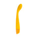 Slim yellow silicone G-spot vibrator with curved textured head and rechargeable base on white background.