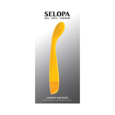 Slim yellow silicone rechargeable vibe with curved textured head for targeted G-spot stimulation.