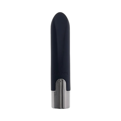 Sleek black silicone vibrating bullet with chrome-finished base, compact and discreet design.