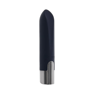 Compact black silicone vibrating bullet with sleek chrome base and tapered tip for targeted pleasure.
