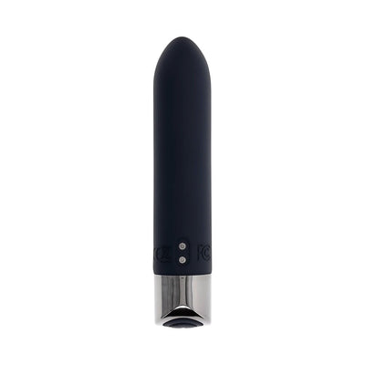 Sleek black silicone vibrating bullet with a chrome-finished base and rounded tip, compact and rechargeable.