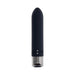 Sleek black silicone vibrating bullet with a chrome-finished base and rounded tip, compact and rechargeable.