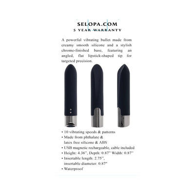 Three views of the Selopa Little Buddy Black vibrating bullet with a sleek black silicone body and chrome-finished base.