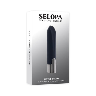Selopa Little Buddy Black vibrating bullet with sleek silicone body and chrome base shown on product packaging box.