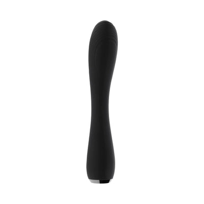 Black silicone rechargeable vibrator with a curved, textured tip and smooth ergonomic handle.