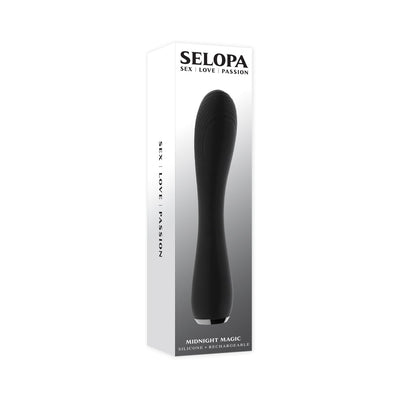 Black silicone rechargeable vibrator with a gently curved design, displayed in sleek Selopa branded packaging.