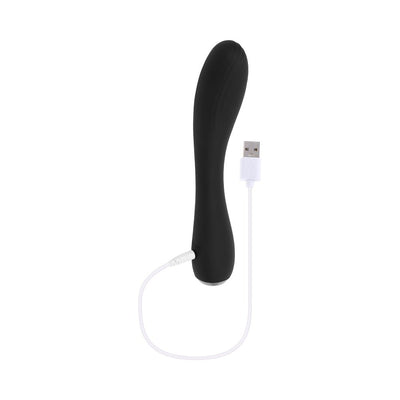 Black silicone rechargeable vibrator with curved shaft and USB charging cable on white background.