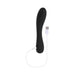 Black silicone rechargeable vibrator with curved shaft and USB charging cable on white background.