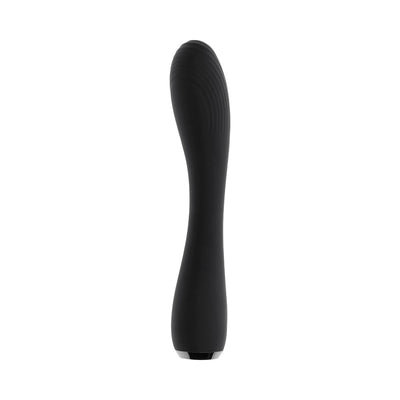 Black silicone rechargeable vibrator with curved, textured tip and smooth ergonomic handle.
