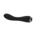 Black silicone vibrator with curved, textured tip and silver-accented power button base on white background.