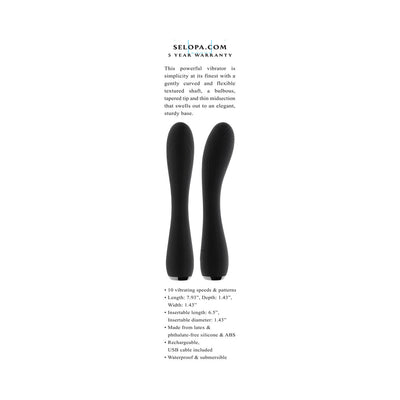 Two black silicone vibrators with gently curved, textured shafts and bulbous tapered tips shown side by side on a white background.