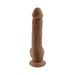 Dark brown bendable dildo with realistic texture and suction cup base on white background.