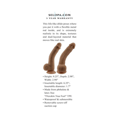 Two bendable dark-toned realistic dildos with suction cups shown upright and curved, highlighting flexible metal core and lifelike texture.