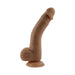 Dark brown bendable dildo with realistic texture and suction cup base on white background.