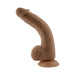 Dark brown bendable dildo with textured surface and suction cup base shown against white background.