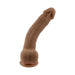 Realistic dark-toned bendable dildo with textured surface and suction base for hands-free use.