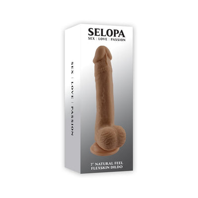 Selopa 7-inch natural feel Flexskin dildo in dark tone with realistic texture and suction base displayed on packaging box.