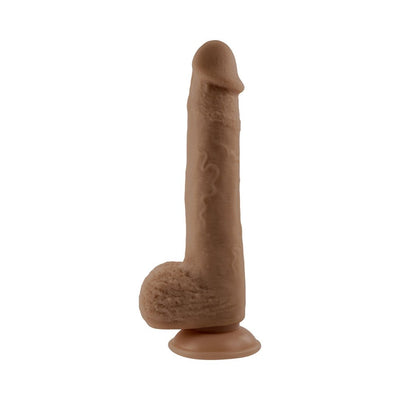 Dark brown bendable dildo with realistic texture and suction cup base standing upright on white background.