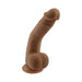 Dark beige bendable dildo with realistic texture and suction cup base standing upright on white background.