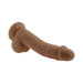 Dark brown bendable dildo with realistic texture and suction cup base on white background.