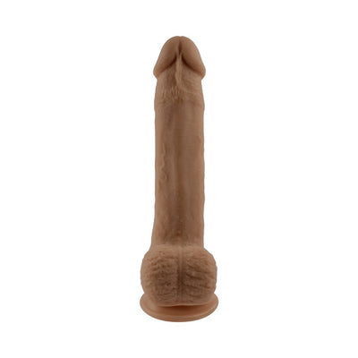 Realistic dark-toned bendable dildo with textured surface and suction cup base on white background.