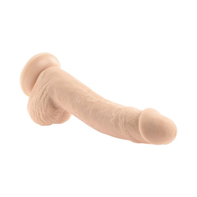 Light beige bendable dildo with realistic texture and suction cup base on white background.