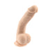 Light beige bendable dildo with realistic texture and suction cup base on white background.