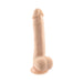 Light-colored bendable dildo with realistic texture and suction cup base on white background.