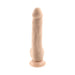 Light beige bendable dildo with realistic texture and suction cup base standing upright on white background.
