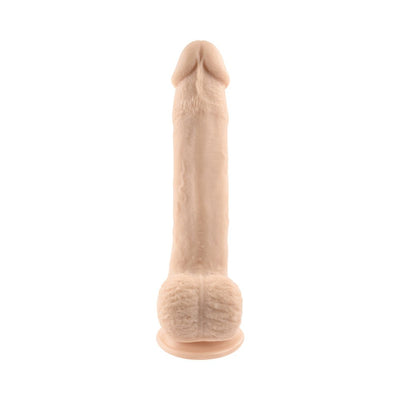 Light beige bendable dildo with realistic texture and suction cup base on white background.