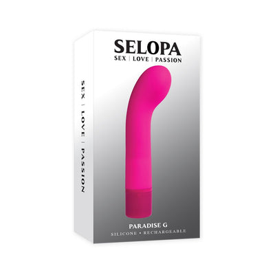 Packaging box of Selopa Paradise G rechargeable pink silicone G-spot vibrator with curved design.