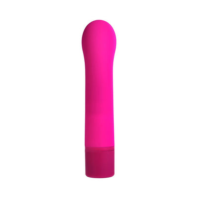 Pink rechargeable silicone G-spot vibrator with curved head and smooth finish against white background.