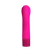 Pink rechargeable silicone G-spot vibrator with curved head and smooth finish against white background.