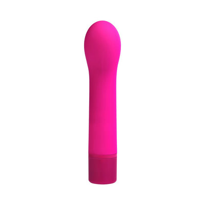 Pink silicone G-spot vibrator with a gently curved, rounded head and smooth finish, standing upright on a white background.