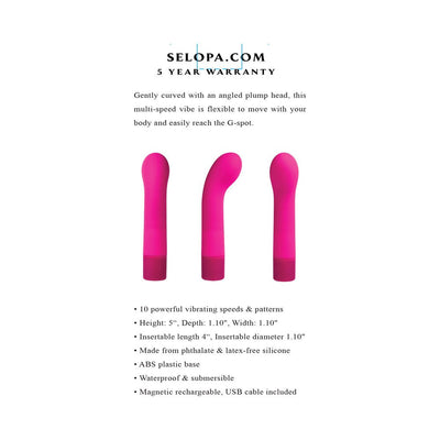 Three views of the Selopa Paradise G pink silicone G-spot vibrator with product features and dimensions text.
