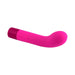 Pink curved rechargeable silicone G-spot vibrator with a rounded tip and smooth finish against a white background.