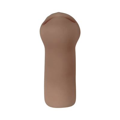 Dark brown life-like stroker with a soft, textured opening, designed for comfortable handling and use.