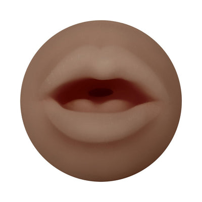 Close-up of a dark-toned lifelike oral stroker with detailed lips design.