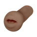 Dark brown life-like oral stroker with soft, textured opening designed for intimate use.
